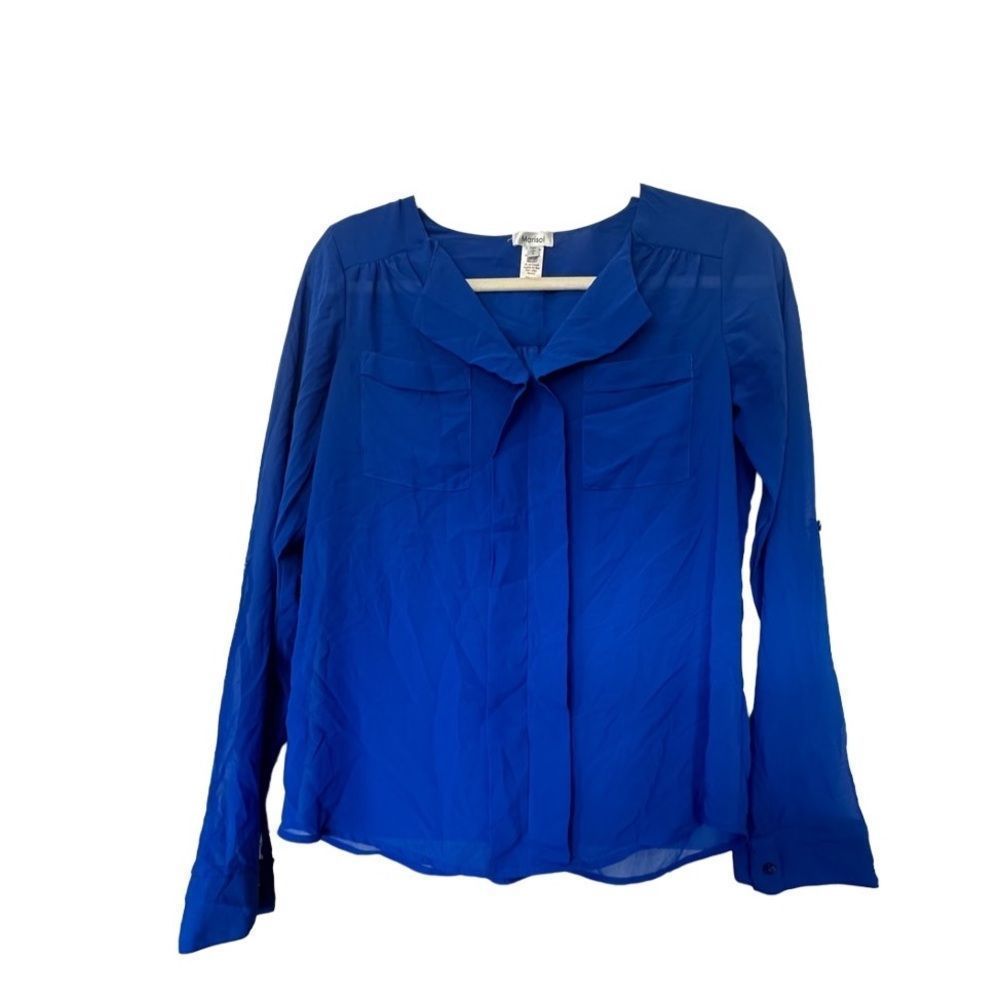 Marisol Royal Blue Lon Sleeve See-through V Neck Blouse